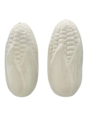 Ceramic Corn Cob Salt and Pepper Shaker Set White Glaze Vintage Kitchen Décor